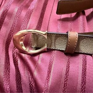 Coach Tan and Brown Signature Belt with Gold Buckle